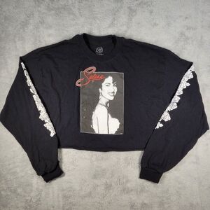 Selena Graphic Long Sleeve‎ Crop Top Women’s XL Black Roses I Believe Quote